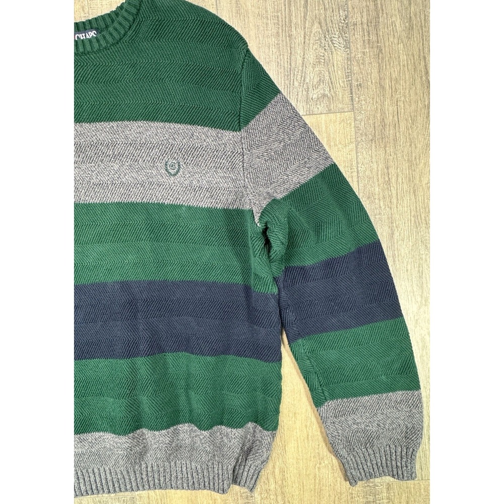 Vintage Chaps Ralph Lauren Rugby Sweater Green Gray Striped Men’s Large Crest - Picture 4 of 12